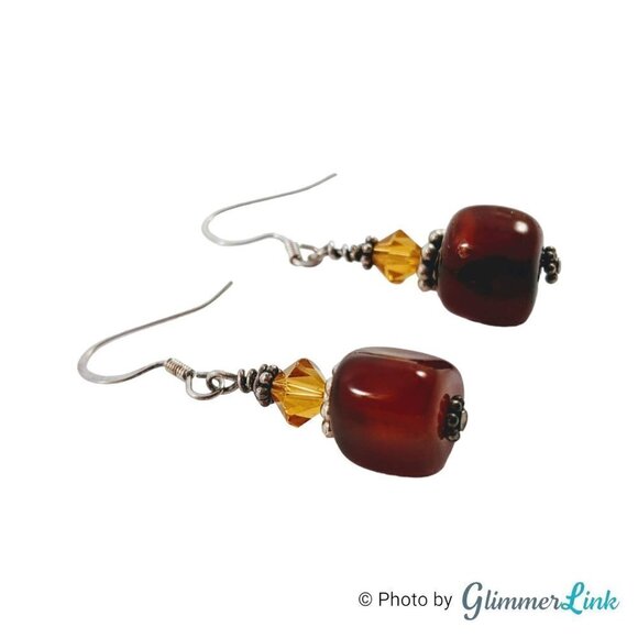 Boho Brownish Red & Yellow Silver Tone Drop Earrings - Picture 2 of 6